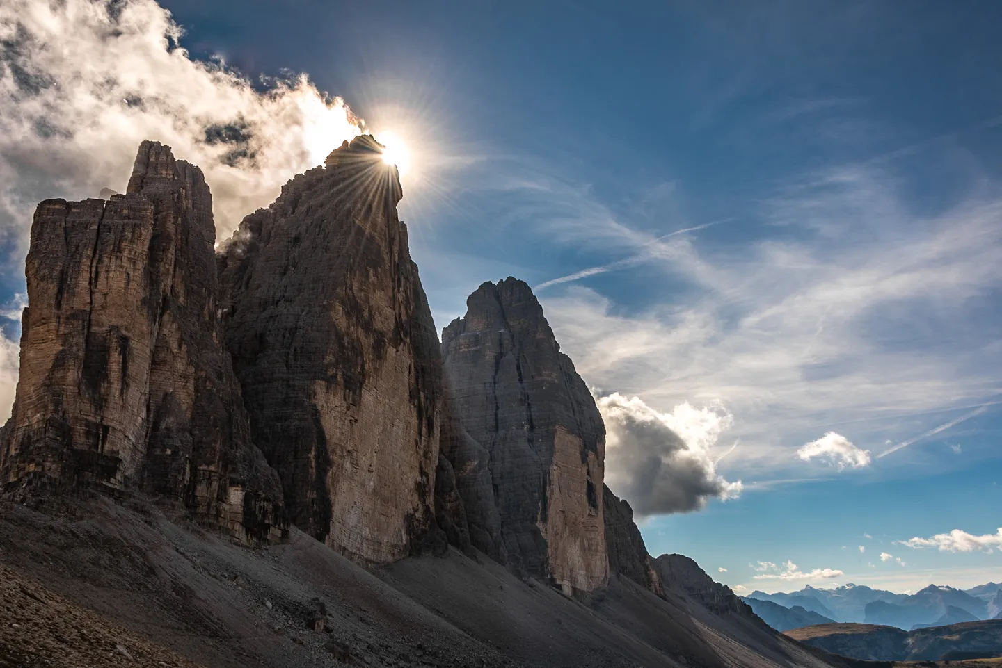 The three distinctive peaks of Tre Cime di Lavaredo in the Dolomites.